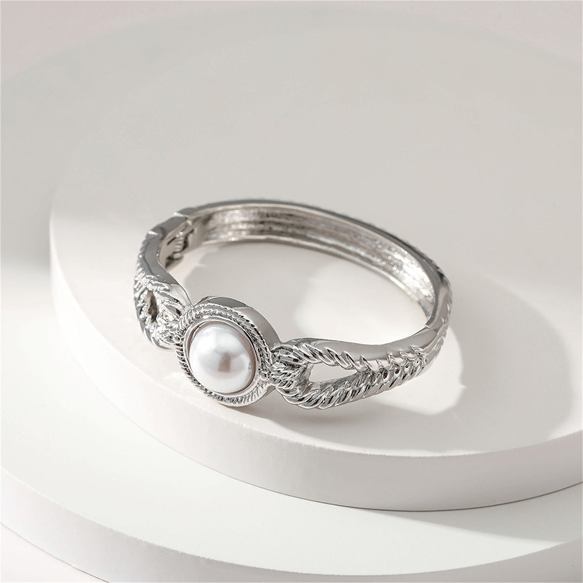 Pearl and Silver-Plated Wing Bangle, silver bangle bracelet, vintage-inspired design, styled look