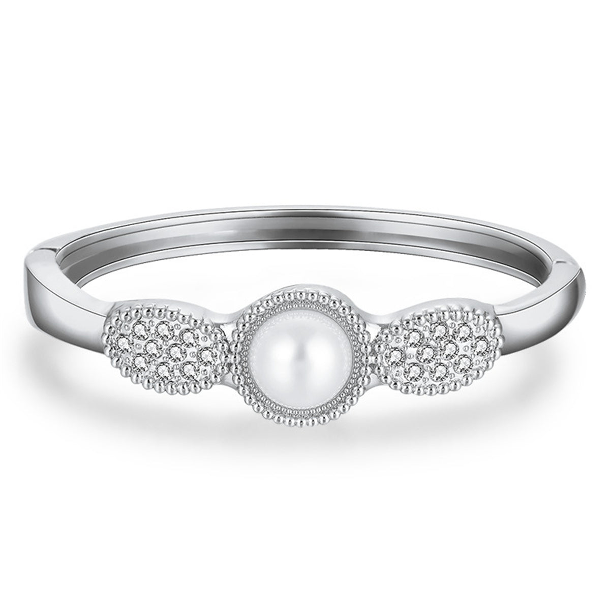 Pearl and Cubic Zirconia Silver-Plated Bangle, silver bangle bracelet, vintage-inspired design, front view
