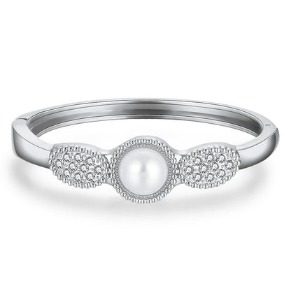 Pearl and Cubic Zirconia Silver-Plated Bangle, silver bangle bracelet, vintage-inspired design, front view