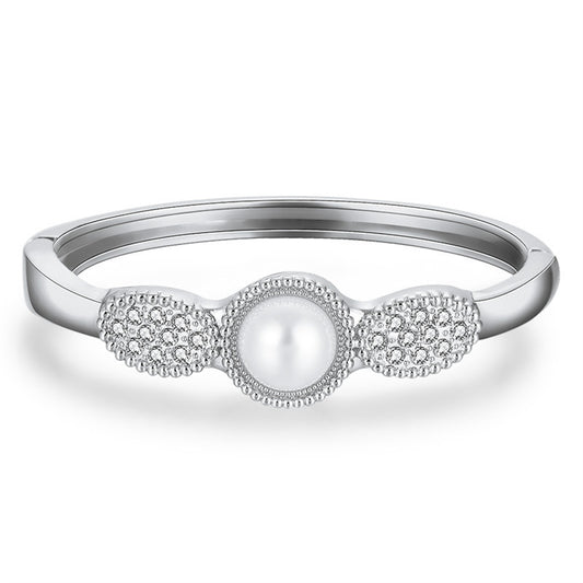 Pearl and Cubic Zirconia Silver-Plated Bangle, silver bangle bracelet, vintage-inspired design, front view