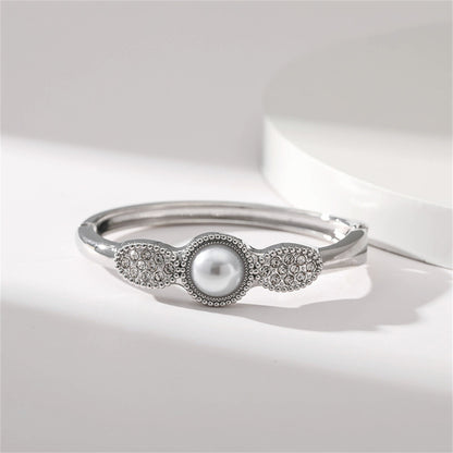 Pearl and Cubic Zirconia Silver-Plated Bangle, silver bangle bracelet, vintage-inspired design, side view