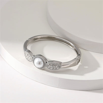 Pearl and Cubic Zirconia Silver-Plated Bangle, silver bangle bracelet, vintage-inspired design, styled look