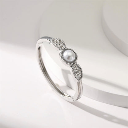 Pearl and Cubic Zirconia Silver-Plated Bangle, silver bangle bracelet, vintage-inspired design, detail close-up