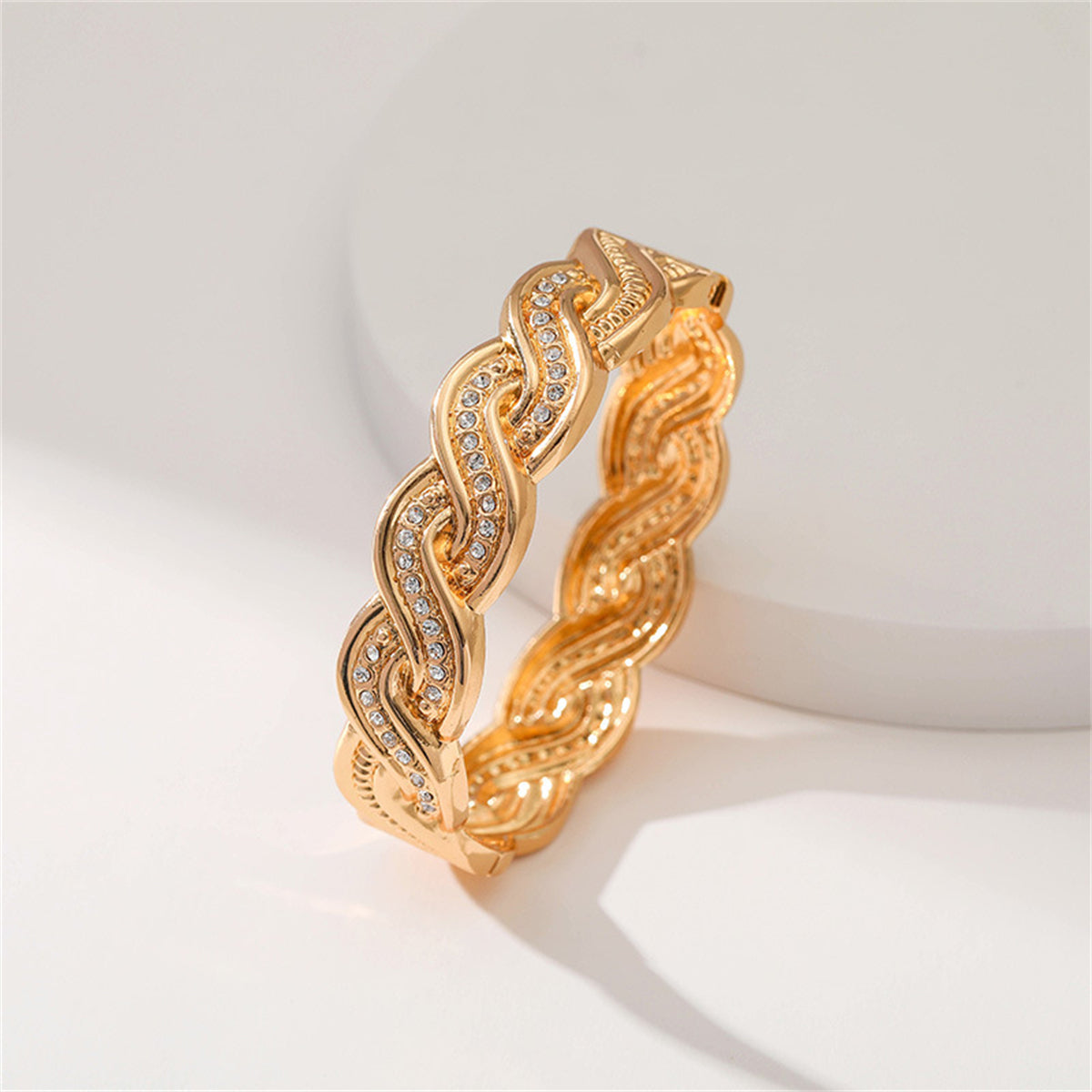 Cubic Zirconia and 18K Gold-Plated Twine Hinge Bangle, gold bangle bracelet, dainty minimalist design, front view
