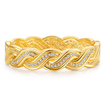 Cubic Zirconia and 18K Gold-Plated Twine Hinge Bangle, gold bangle bracelet, dainty minimalist design, side view