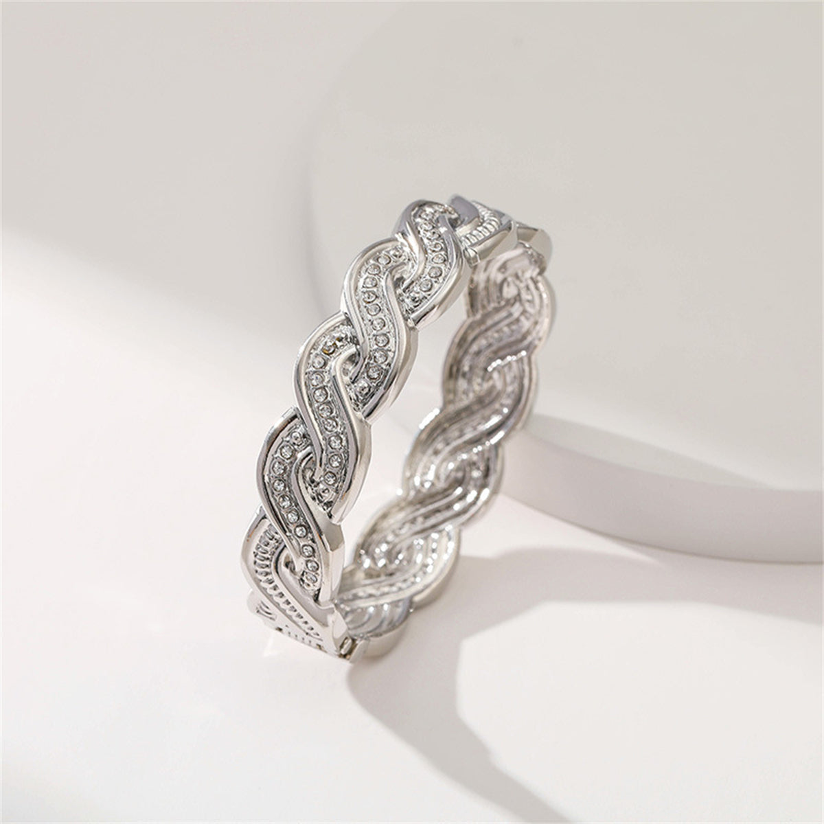 Cubic Zirconia and Silver-Plated Twine Hinge Bangle, silver bangle bracelet, botanical inspired, side view