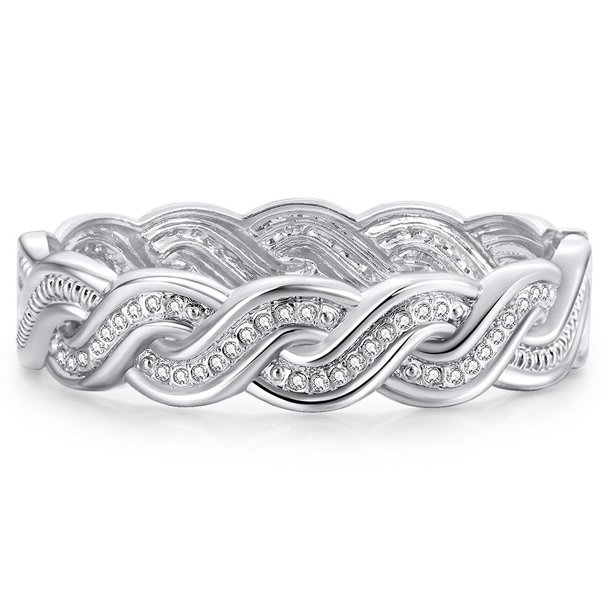 Cubic Zirconia and Silver-Plated Twine Hinge Bangle, silver bangle bracelet, botanical inspired, front view