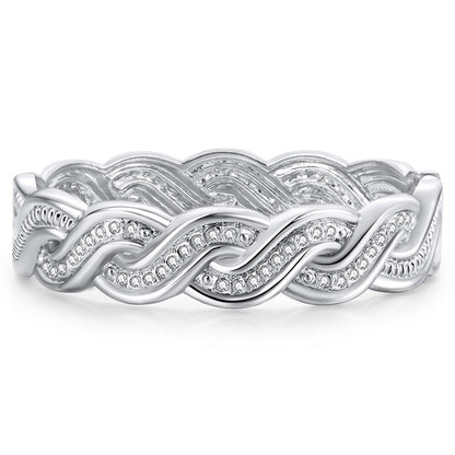 Cubic Zirconia and Silver-Plated Twine Hinge Bangle, silver bangle bracelet, botanical inspired, front view