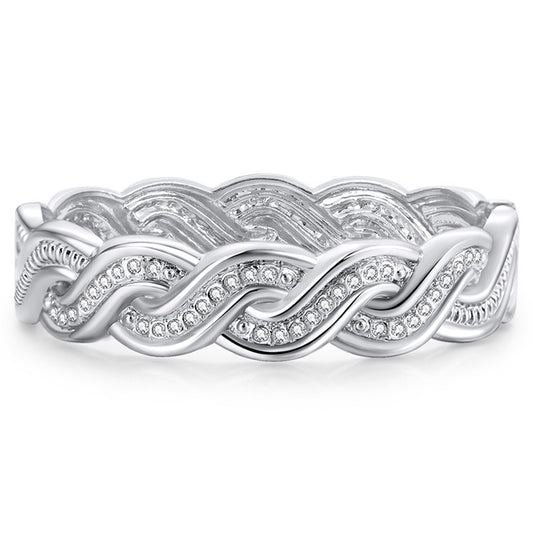Cubic Zirconia and Silver-Plated Twine Hinge Bangle, silver bangle bracelet, botanical inspired, front view