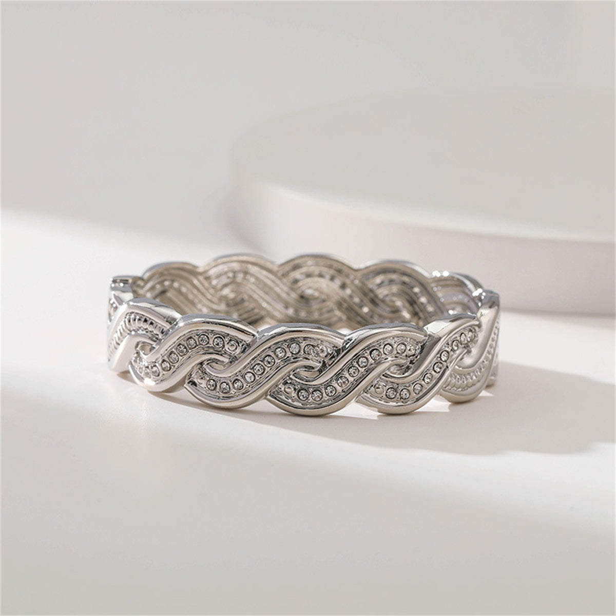 Cubic Zirconia & Silver-Plated Twine Hinge Bangle