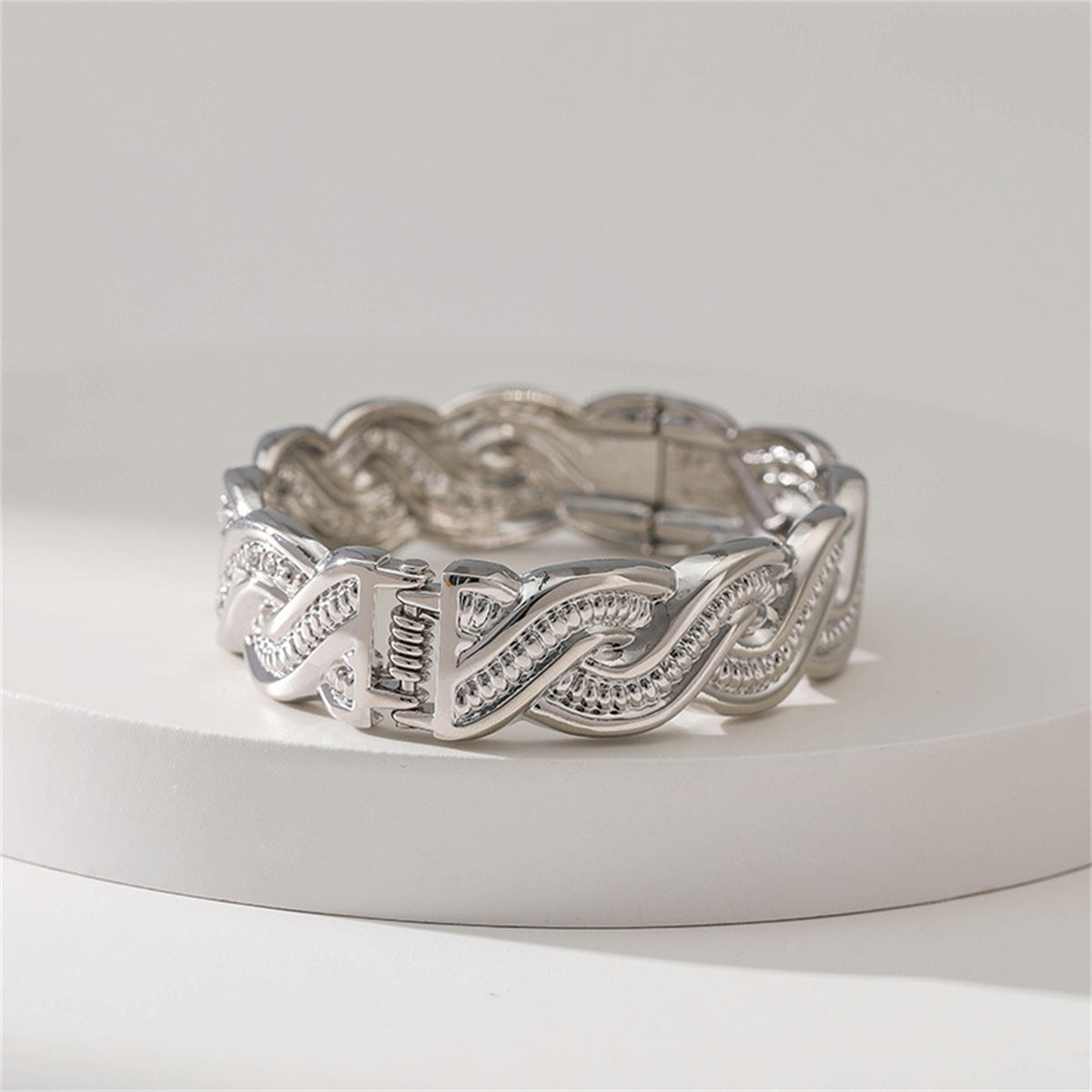 Cubic Zirconia and Silver-Plated Twine Hinge Bangle, silver bangle bracelet, botanical inspired, lifestyle look