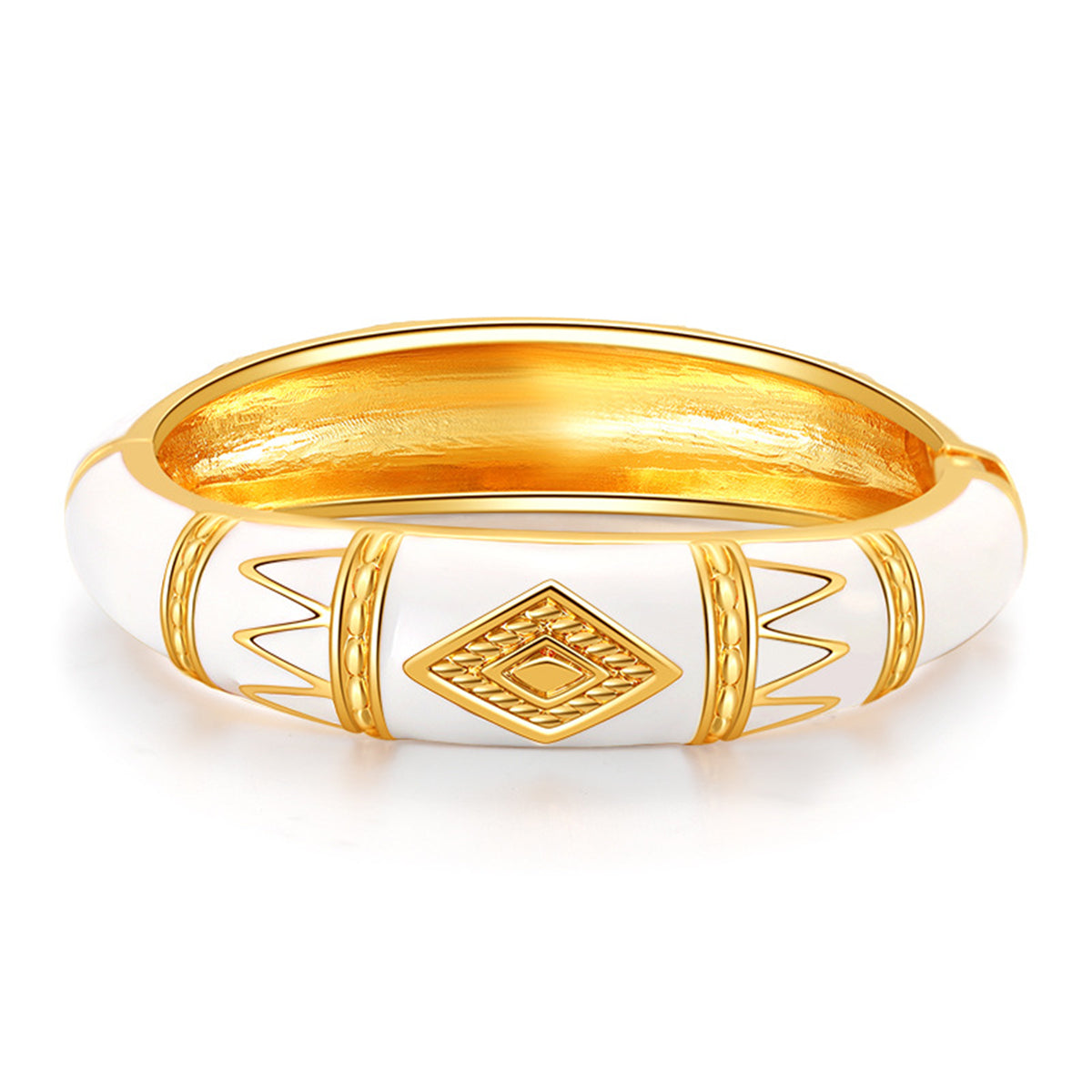White Enamel and 18K Gold-Plated Rhombus Bangle, gold bangle bracelet, dainty minimalist design, front view