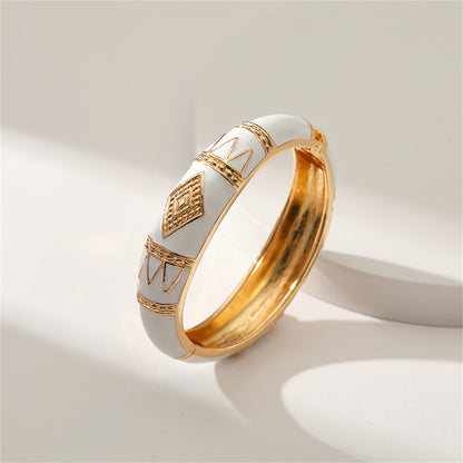 White Enamel and 18K Gold-Plated Rhombus Bangle, gold bangle bracelet, dainty minimalist design, detail close-up