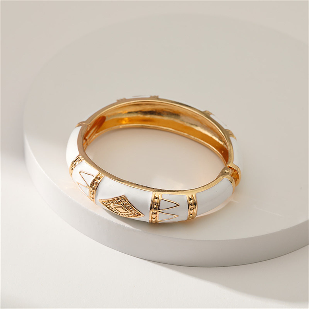White Enamel and 18K Gold-Plated Rhombus Bangle, gold bangle bracelet, dainty minimalist design, lifestyle look