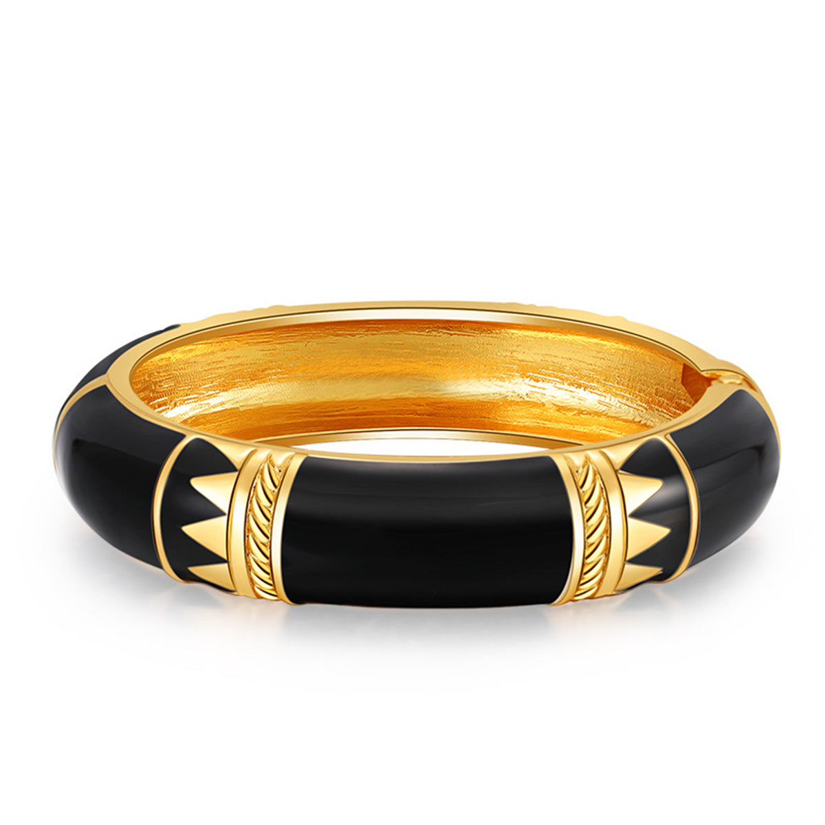 Black Enamel and 18K Gold-Plated Geometric Bamboo Bangle, gold bangle bracelet, everyday style, front view