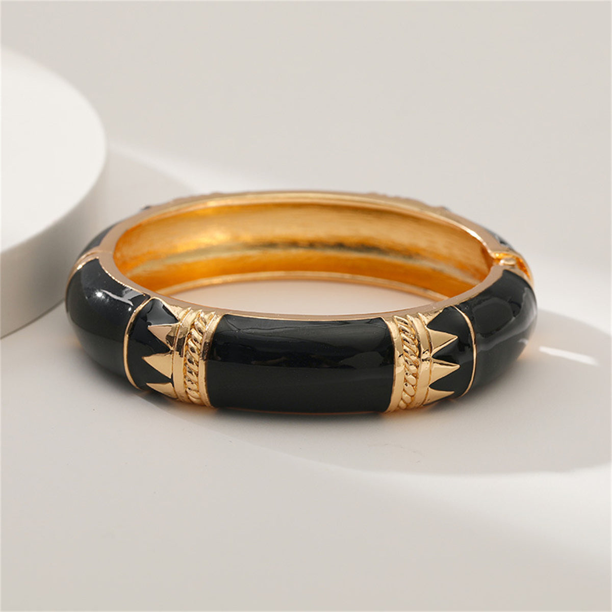Black Enamel and 18K Gold-Plated Geometric Bamboo Bangle, gold bangle bracelet, everyday style, lifestyle look