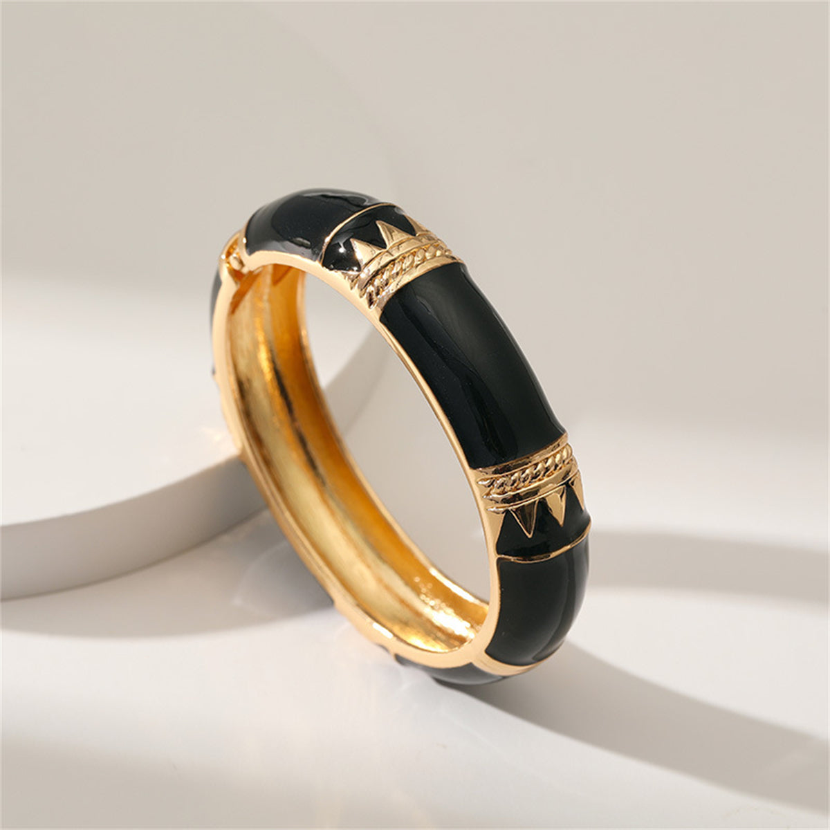 Black Enamel and 18K Gold-Plated Geometric Bamboo Bangle, gold bangle bracelet, everyday style, side view