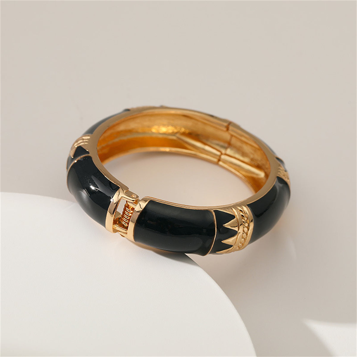 Black Enamel and 18K Gold-Plated Geometric Bamboo Bangle, gold bangle bracelet, everyday style, detail close-up