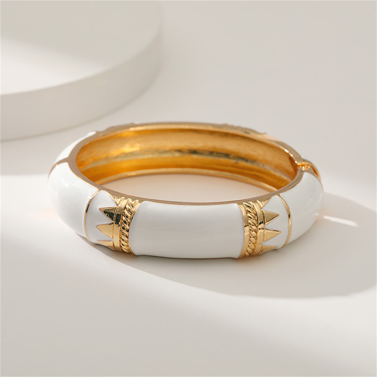 White Enamel and 18K Gold-Plated Geometric Bamboo Bangle, gold bangle bracelet, dainty minimalist design, side view