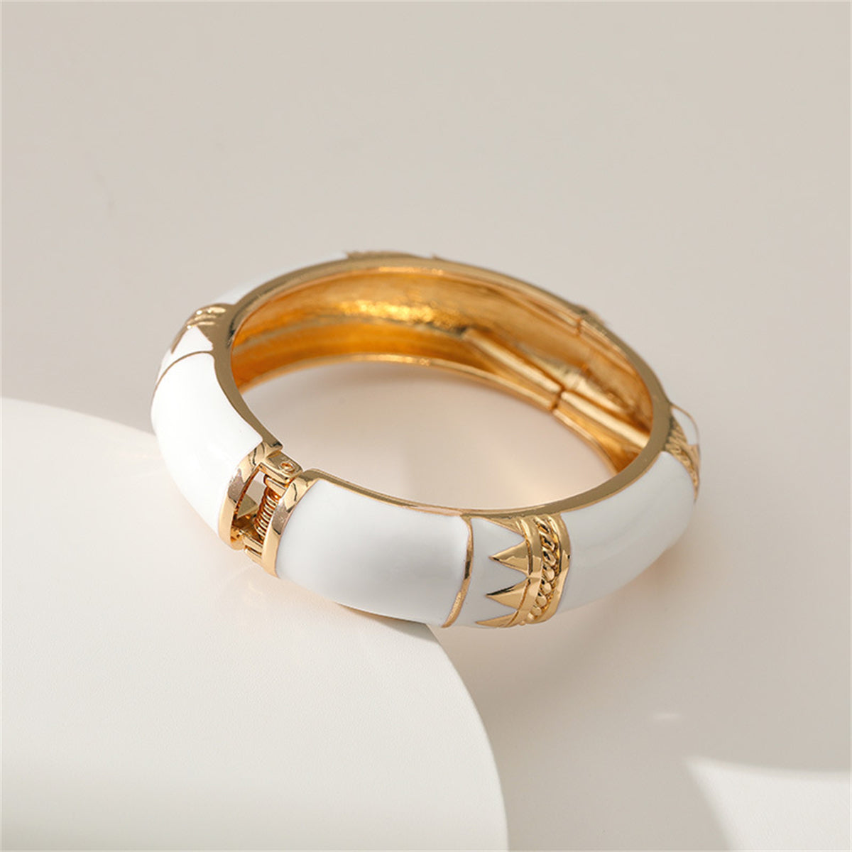 White Enamel and 18K Gold-Plated Geometric Bamboo Bangle, gold bangle bracelet, dainty minimalist design, detail close-up