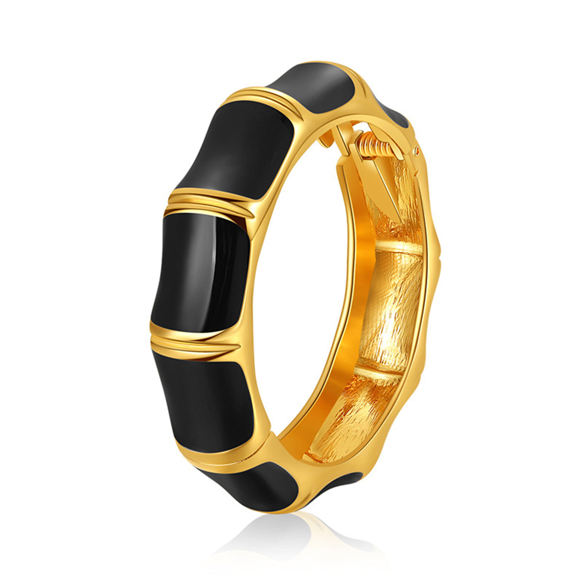 Black Enamel and 18K Gold-Plated Bamboo Bangle, gold bangle bracelet, dainty minimalist design, front view