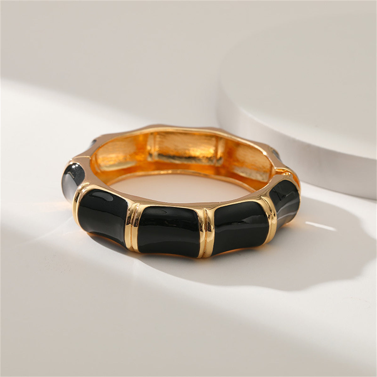 Black Enamel and 18K Gold-Plated Bamboo Bangle, gold bangle bracelet, dainty minimalist design, lifestyle look