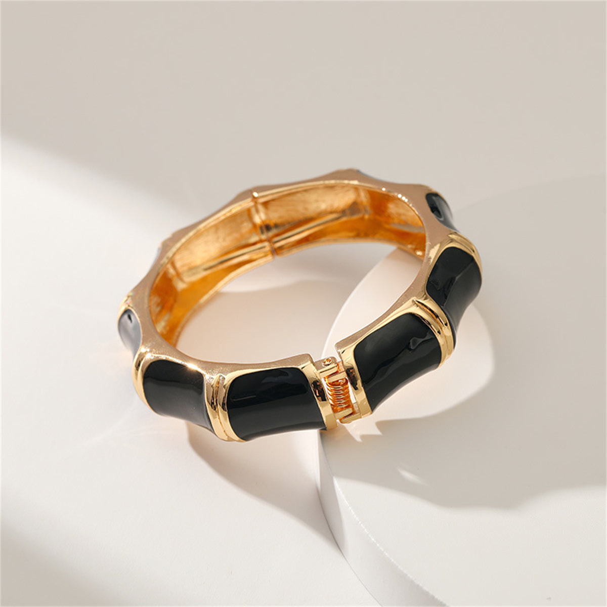 Black Enamel and 18K Gold-Plated Bamboo Bangle, gold bangle bracelet, dainty minimalist design, side view