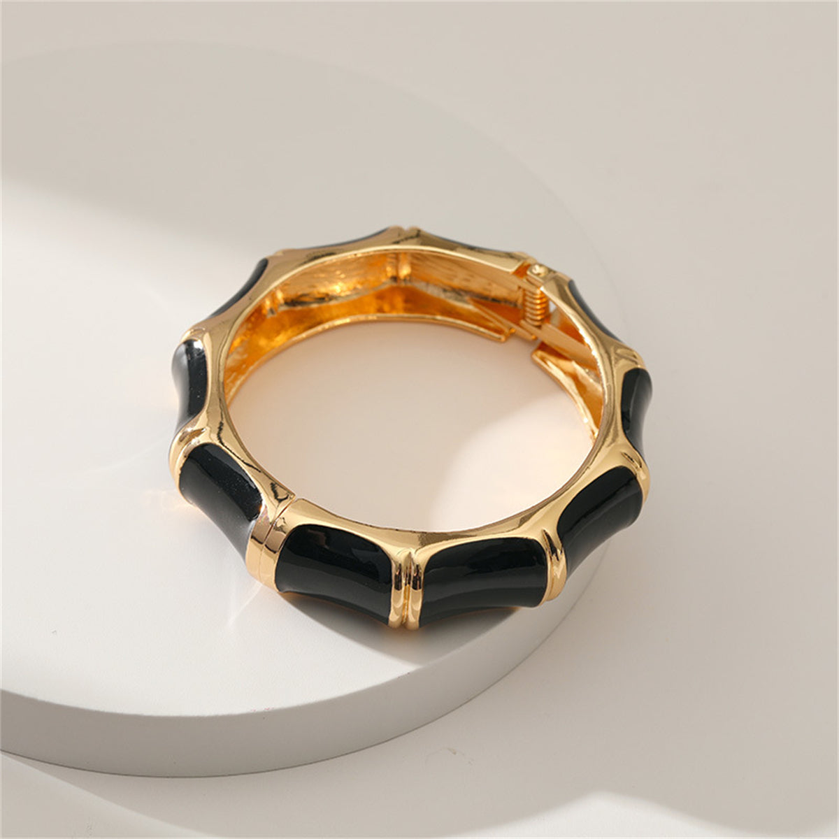 Black Enamel and 18K Gold-Plated Bamboo Bangle, gold bangle bracelet, dainty minimalist design, detail close-up