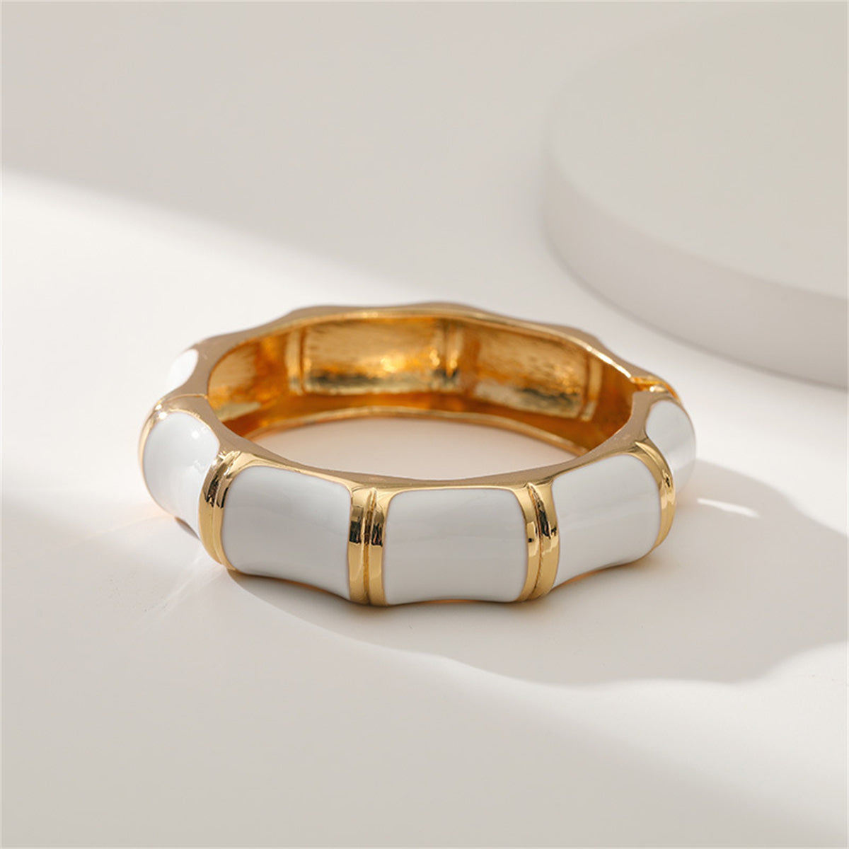 White Enamel and 18K Gold-Plated Bamboo Bangle, gold bangle bracelet, botanical inspired, side view