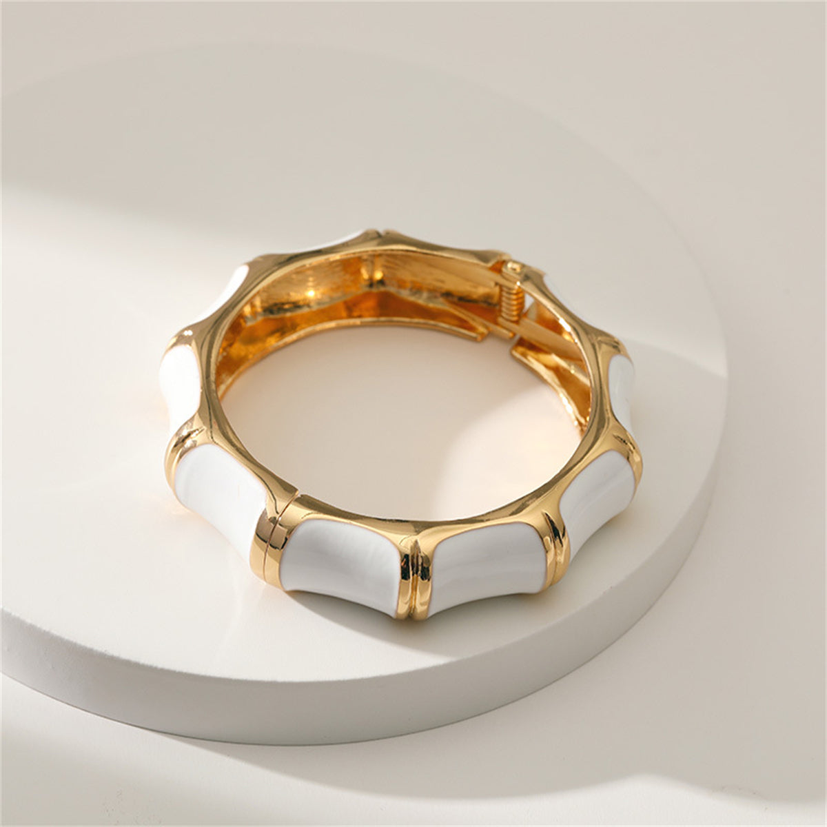 White Enamel and 18K Gold-Plated Bamboo Bangle, gold bangle bracelet, botanical inspired, detail close-up
