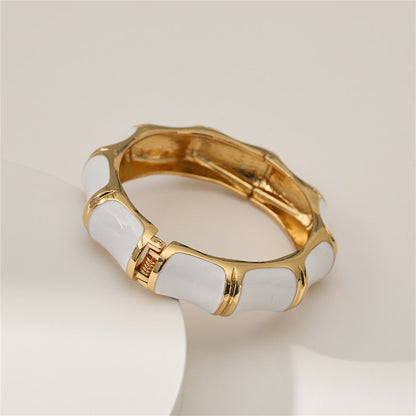 White Enamel and 18K Gold-Plated Bamboo Bangle, gold bangle bracelet, botanical inspired, lifestyle look