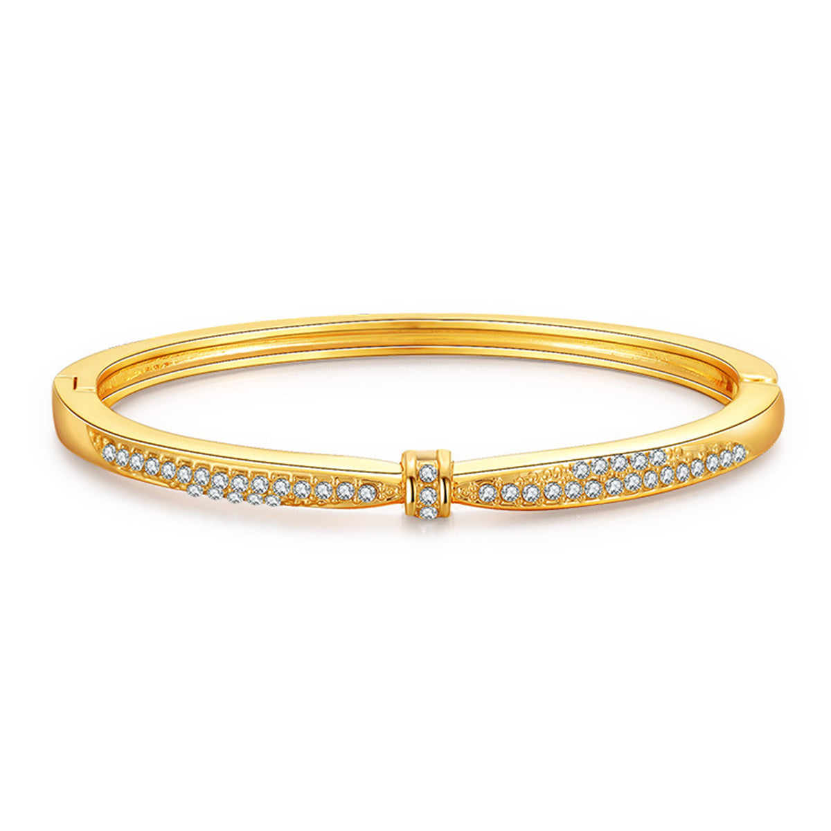 Cubic Zirconia and 18K Gold-Plated Knot Bangle, gold bangle bracelet, vintage-inspired design, front view