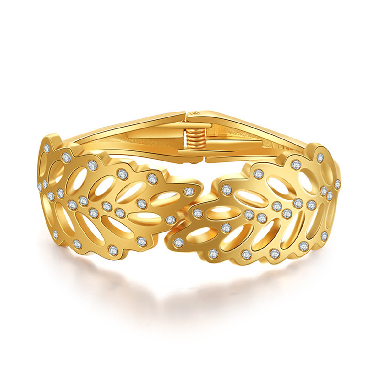 Cubic Zirconia and 18K Gold-Plated Rattan Hinged Bangle, gold bangle bracelet, botanical inspired, front view