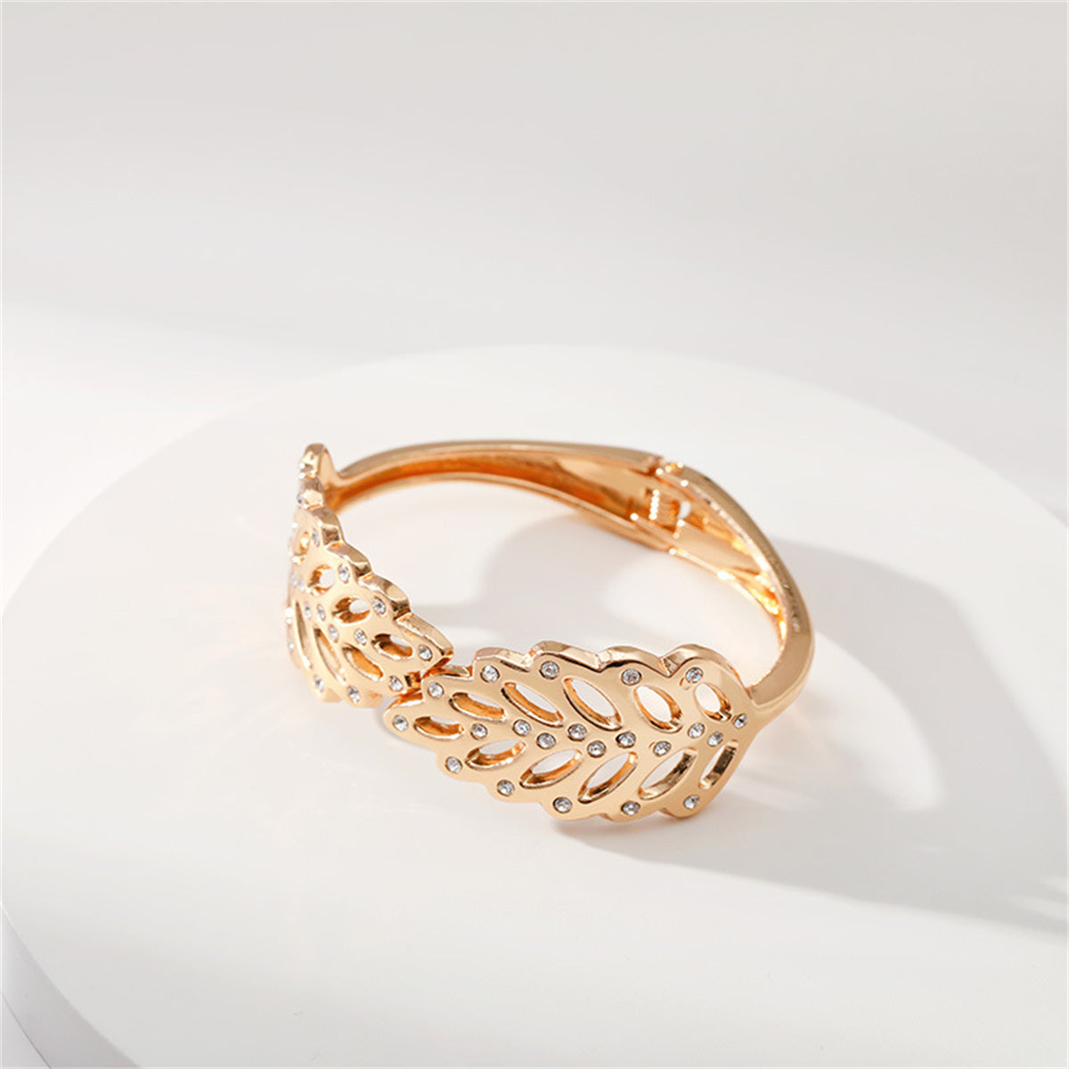 Cubic Zirconia and 18K Gold-Plated Rattan Hinged Bangle, gold bangle bracelet, botanical inspired, lifestyle look