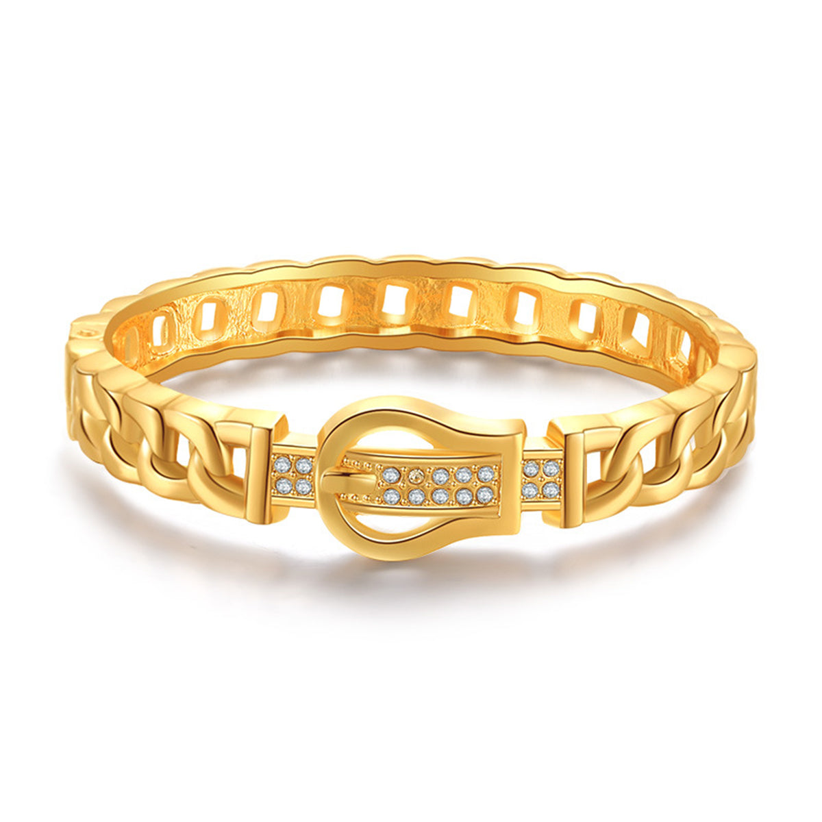 A yellow gold bracelet adorned with diamonds, featuring a cubic zirconia and 18K gold-plated belt buckle design.