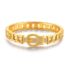 A yellow gold bracelet adorned with diamonds, featuring a cubic zirconia and 18K gold-plated belt buckle design.