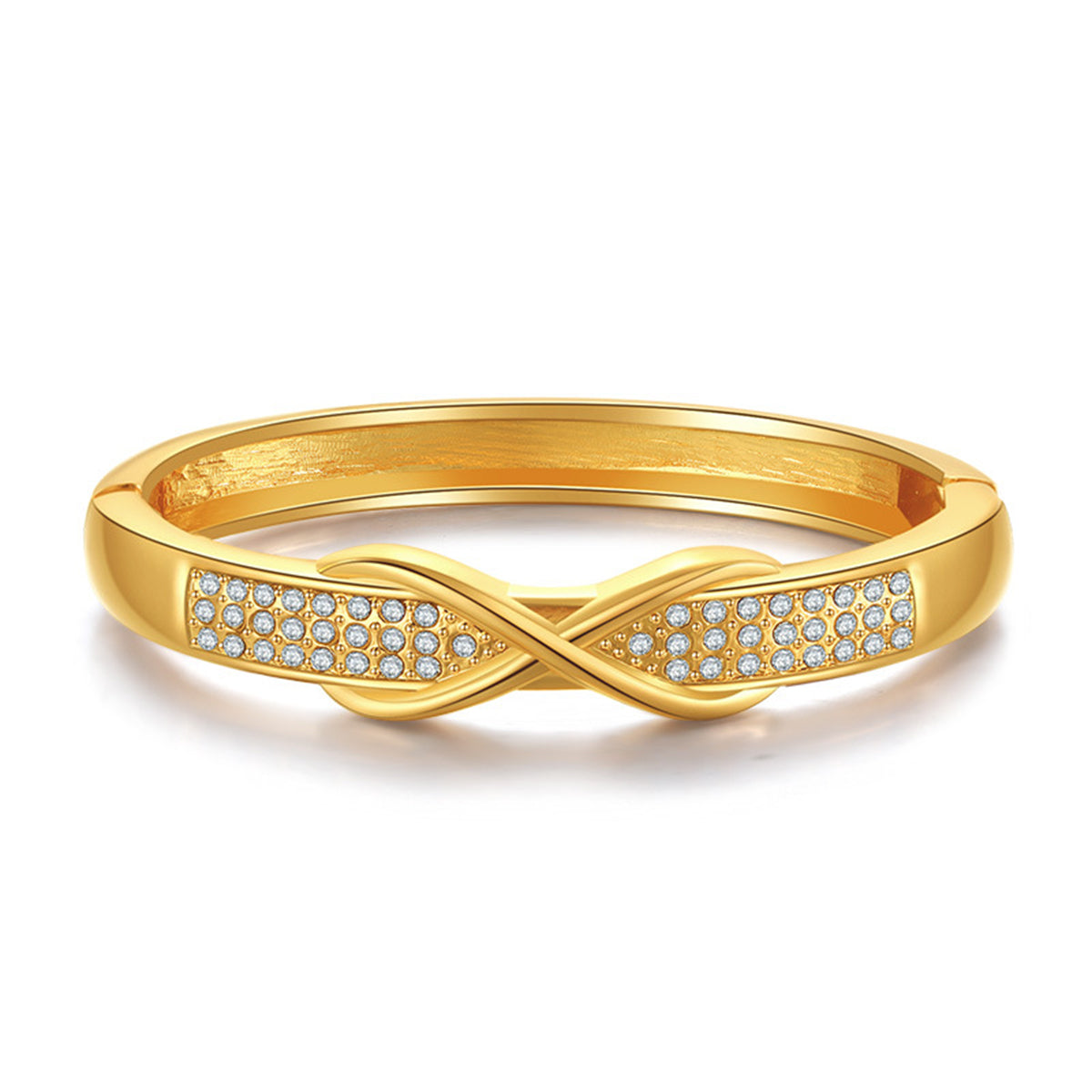 Cubic Zirconia and 18K Gold-Plated Infinity Sign Bangle, gold bangle bracelet, elegant gift for her, front view