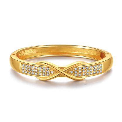 Cubic Zirconia and 18K Gold-Plated Infinity Sign Bangle, gold bangle bracelet, elegant gift for her, front view