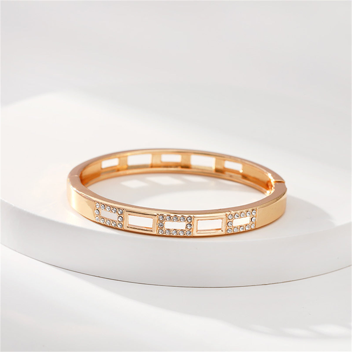 Clear Cubic Zirconia and 18K Gold-Plated Rectangle Bangle, gold bangle bracelet, everyday style, side view