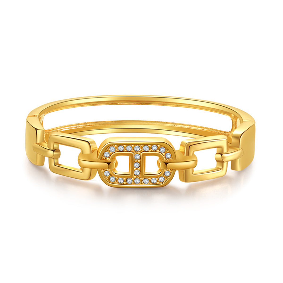Clear Cubic Zirconia and 18K Gold-Plated Oval Charm Bangle, gold bangle bracelet, elegant gift for her, front view