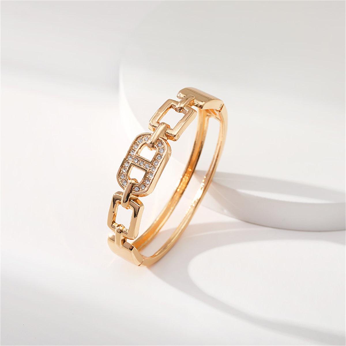 Clear Cubic Zirconia and 18K Gold-Plated Oval Charm Bangle, gold bangle bracelet, elegant gift for her, detail close-up