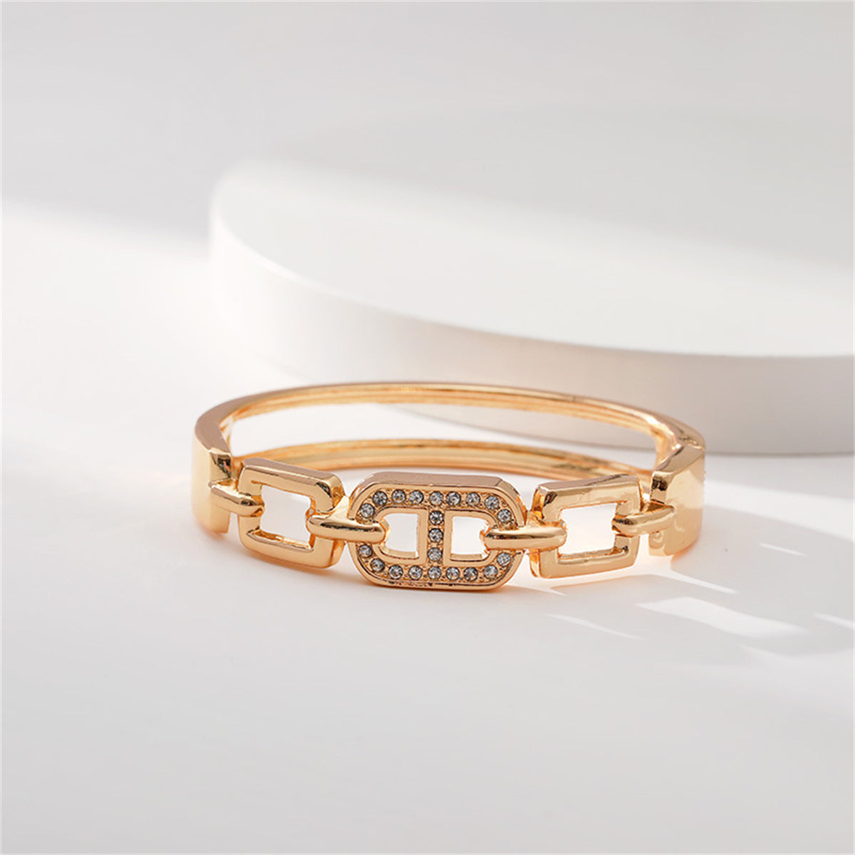 Clear Cubic Zirconia and 18K Gold-Plated Oval Charm Bangle, gold bangle bracelet, elegant gift for her, side view