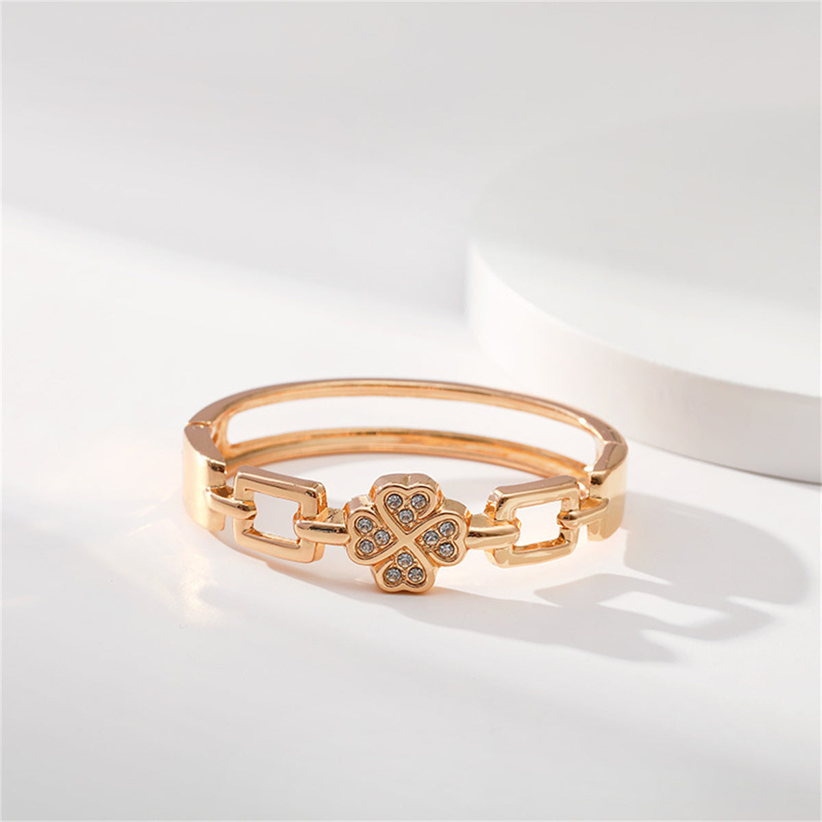 Clear Cubic Zirconia & 18K Gold-Plated Clover Charm Bangle