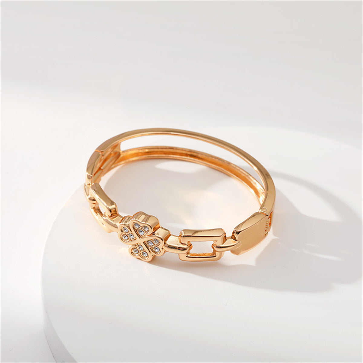 Clear Cubic Zirconia & 18K Gold-Plated Clover Charm Bangle