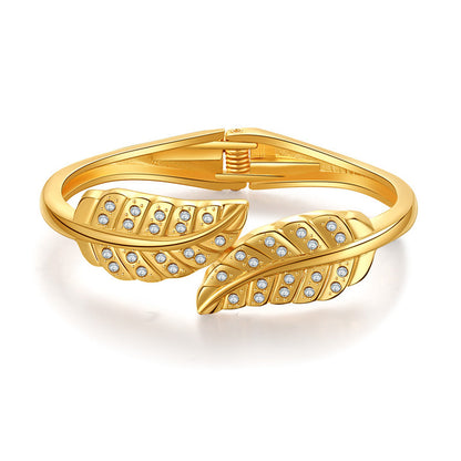 Clear Cubic Zirconia and 18K Gold-Plated Leaves Hinged Bypass Bangle, gold bangle bracelet, everyday style, front view