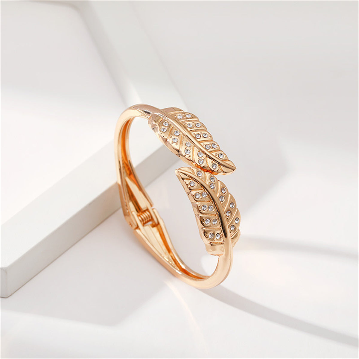 Clear Cubic Zirconia and 18K Gold-Plated Leaves Hinged Bypass Bangle, gold bangle bracelet, everyday style, lifestyle look