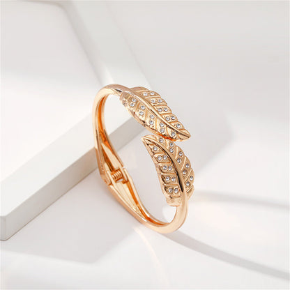 Clear Cubic Zirconia and 18K Gold-Plated Leaves Hinged Bypass Bangle, gold bangle bracelet, everyday style, lifestyle look