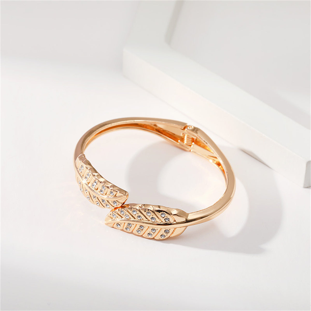 Clear Cubic Zirconia and 18K Gold-Plated Leaves Hinged Bypass Bangle, gold bangle bracelet, everyday style, styled look