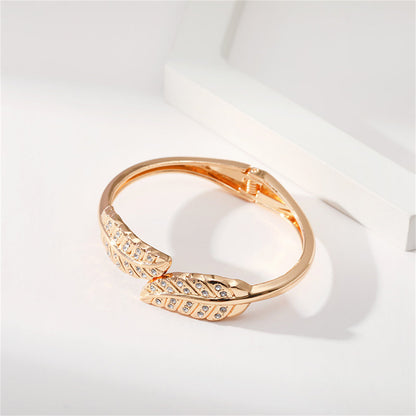 Clear Cubic Zirconia and 18K Gold-Plated Leaves Hinged Bypass Bangle, gold bangle bracelet, everyday style, styled look