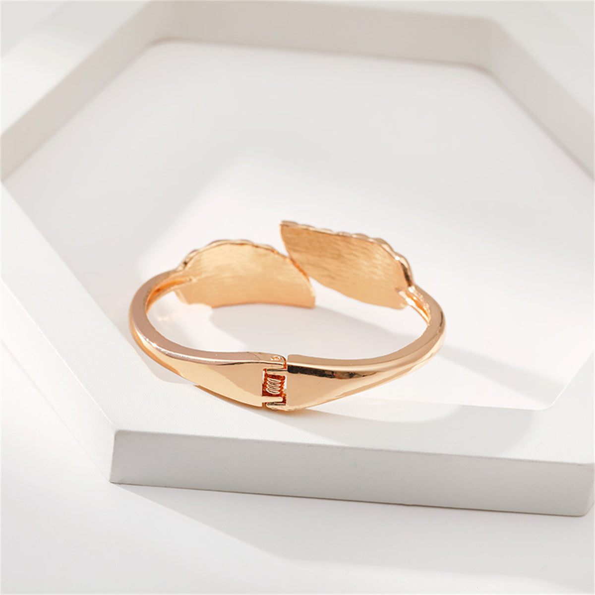 Clear Cubic Zirconia and 18K Gold-Plated Leaves Hinged Bypass Bangle, gold bangle bracelet, everyday style, detail close-up